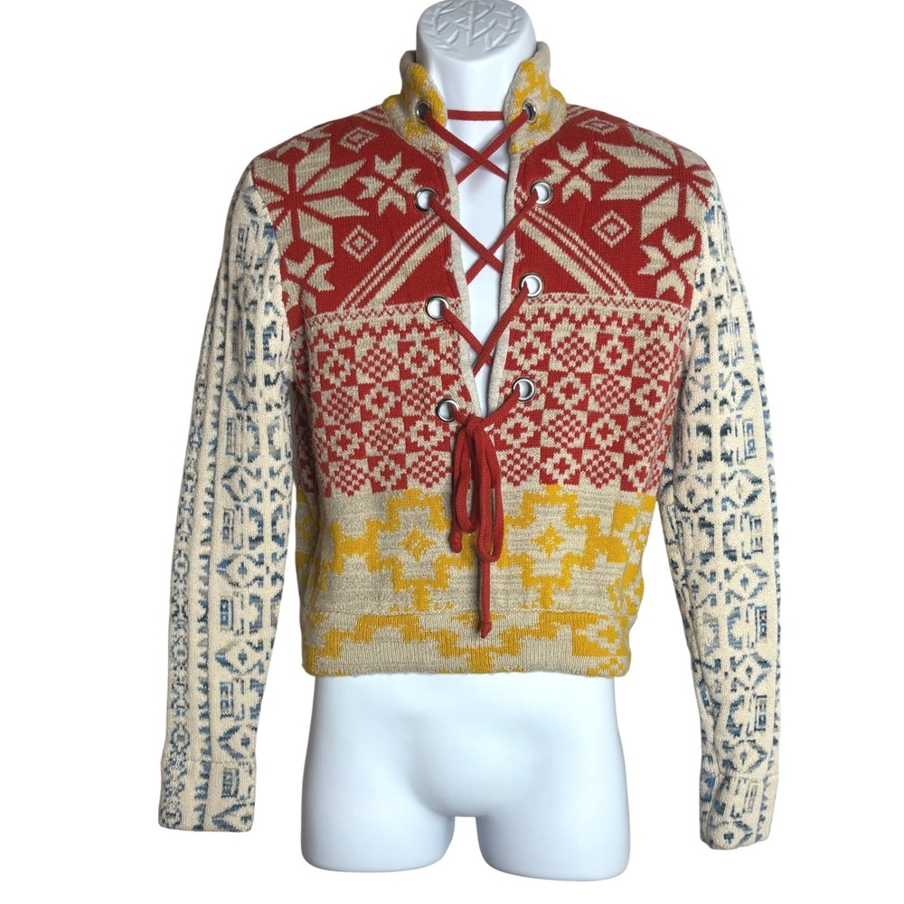 BDG Urban Outfitters | Lace Up Fair Isle Knit Cropped Sweater Red Yellow | Small